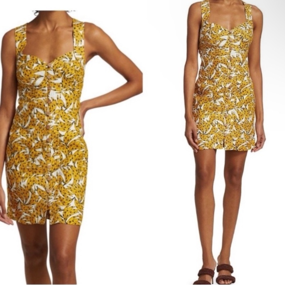 Farm Rio Spotted Banana Button Front Cross Back Linen Mini Dress Size XS